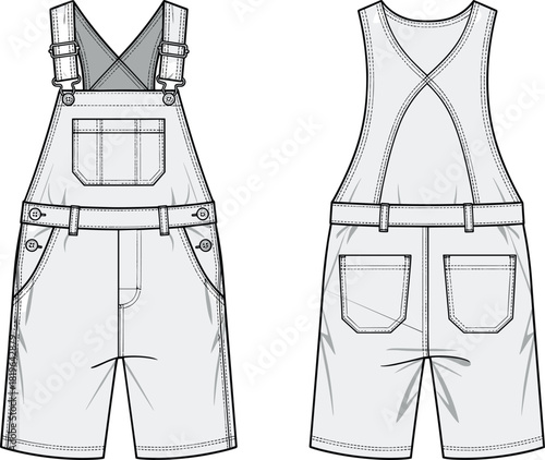 Technical short overalls sketch, front and back view, adjustable straps, chest pocket, belt loops, fashion illustration, vector garment template