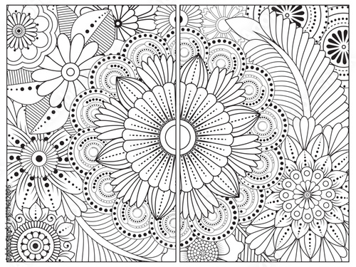 Bookmark for book -coloring set of black and with floral doodle patterns