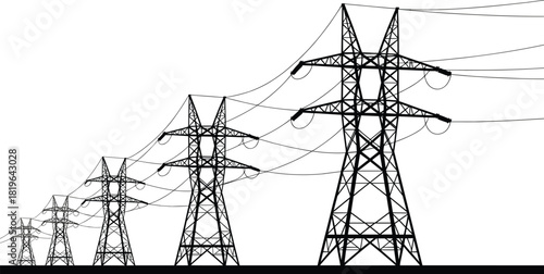 High-voltage transmission tower silhouette set, power line infrastructure illustration, electrical grid clipart, black engineering structure artwork