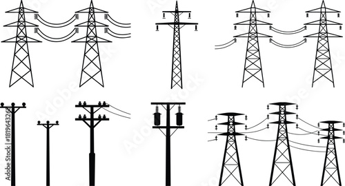 Transmission tower and utility pole silhouette set, electrical infrastructure clipart, power line illustration, black engineering structure artwork