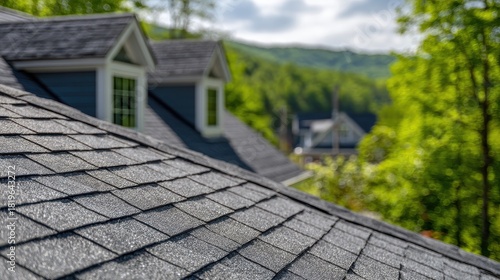 Closeup of asphalt shingle roof with houses and green trees