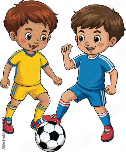 Children playing soccer, cartoon kids, sports illustration, happy boys, football game, colorful uniforms, white background, fun activity, energetic pose