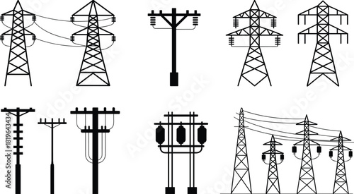 Transmission tower and utility pole silhouette set, electrical infrastructure clipart, power line illustration, black engineering structure artwork