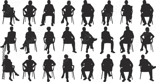 Seated human silhouette grid, posture variation illustration, chair pose clipart, ergonomic figure artwork, black sitting position set