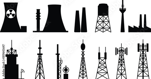 Industrial and communication infrastructure silhouettes, power plant and tower icons, antenna and factory clipart, black structure illustration set