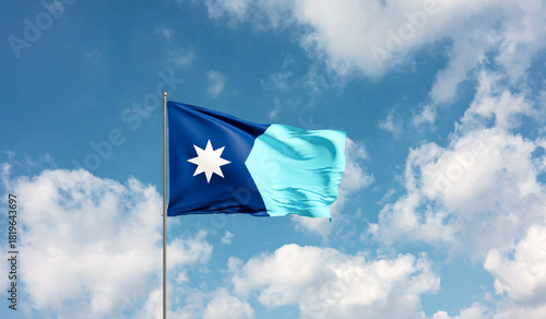 Close up waving flag of Minnesota, United States. Blue sky with clouds in the background. Travel, tourism, journey, country, tour, holiday, trip, destination, vacation. 3D illustration