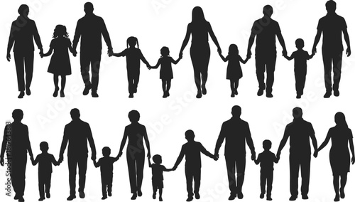 Family silhouette group illustration, parents and children holding hands, unity and togetherness artwork, black figure clipart, relationship drawing