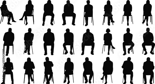 Seated silhouette grid illustration, diverse sitting posture clipart, chair pose artwork, black figure drawing set, body language design