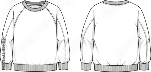 Technical sweatshirt sketch, front and back view, crew neckline, raglan sleeves, ribbed cuffs, fashion illustration, stitching details, vector template