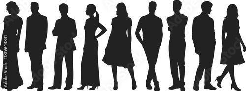 Standing silhouette group illustration, diverse adult figures clipart, formal and casual posture artwork, black character drawing set