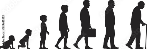 Human life stages silhouette set, aging progression illustration, baby to elderly clipart, development timeline artwork, black figure drawing