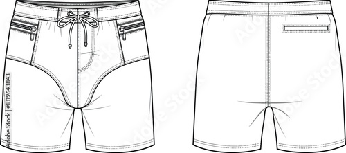 Technical swim trunks sketch, men's board shorts, front and back view, zipper pockets, drawstring waist, fashion illustration, vector template