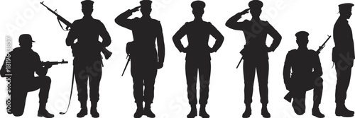 Military silhouette set, soldier poses illustration, armed forces clipart, black tactical figure drawing, salute and weapon artwork