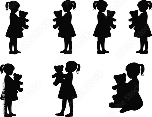 Girl silhouette, teddy bear pose, child sitting, emotional bonding, childhood comfort, ponytail girl, dress figure, gentle interaction, toy love, innocence
