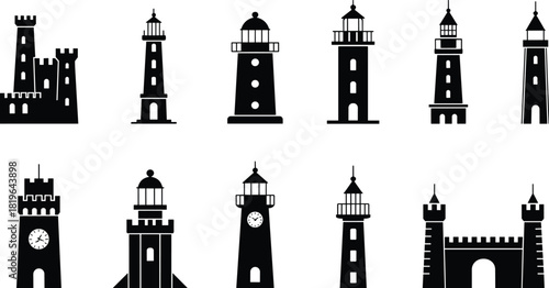 Tower and lighthouse silhouette set, architectural structure clipart, castle and clock tower drawing, black landmark illustration, dome artwork