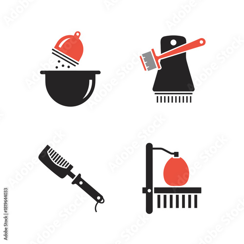 Set of four icons depicting various kitchen and cleaning tools.