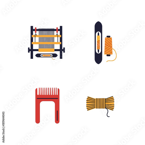 Set of four weaving tools and supplies for textile creation.