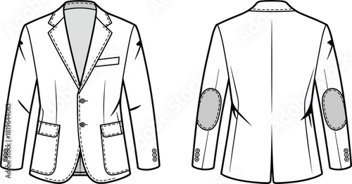 Men's blazer technical sketch, front and back view, fashion flat, tailoring details, vector template, cad drawing flat vector illustration
