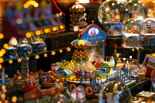 Switzerland, Basel 1.11.25; Christmas market in Basel. New Year's background. Xmas lights.The showcase of the store of Christmas and New Year's toys. Winter holidays. 