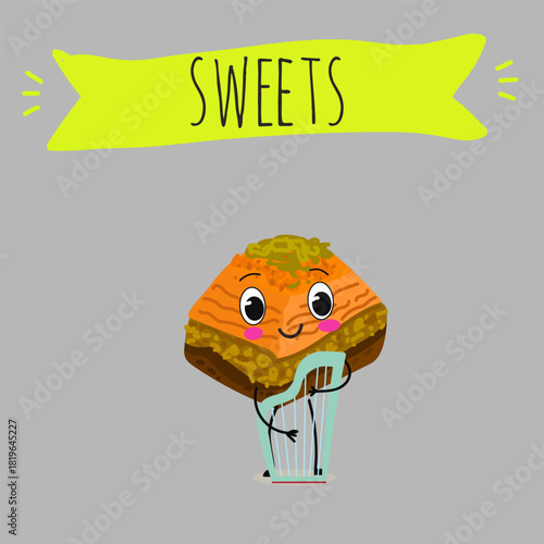 Funny Characters Turkish Traditional desserts pistachio baklava, hand drawn vector illustration.