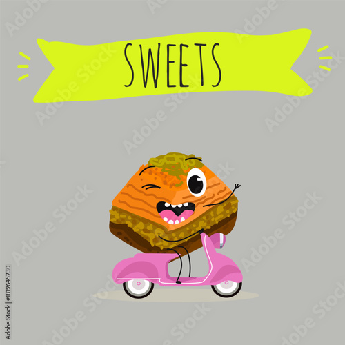 Funny Characters Turkish Traditional desserts pistachio baklava, hand drawn vector illustration.