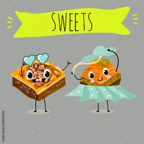 Funny Characters Turkish Traditional desserts pistachio baklava, hand drawn vector illustration.