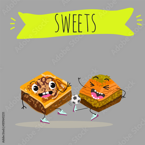 Funny Characters Turkish Traditional desserts pistachio baklava, hand drawn vector illustration.