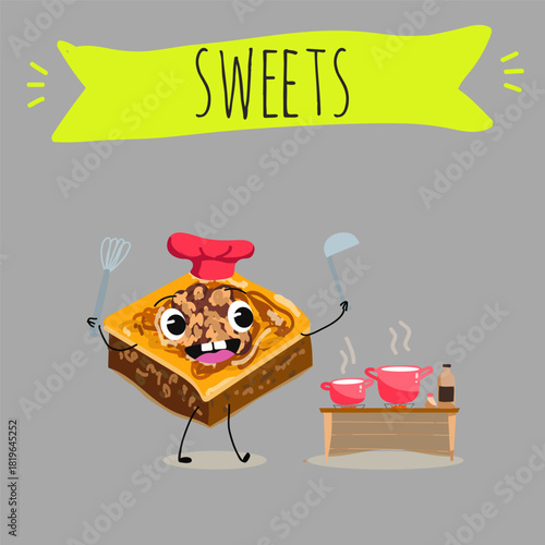 Funny Characters Turkish Traditional desserts pistachio baklava, hand drawn vector illustration.