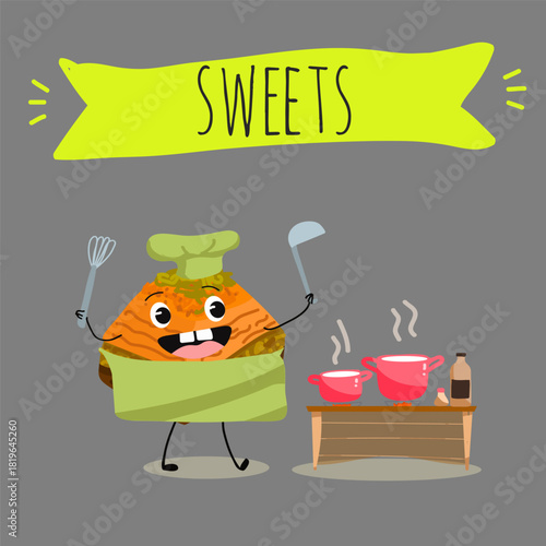 Funny Characters Turkish Traditional desserts pistachio baklava, hand drawn vector illustration.