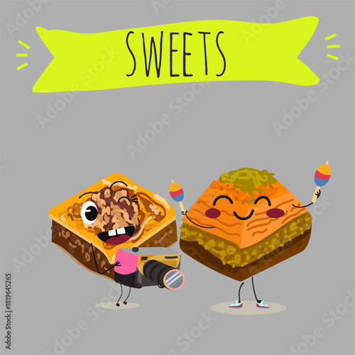 Funny Characters Turkish Traditional desserts pistachio baklava, hand drawn vector illustration.
