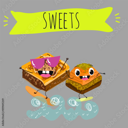Funny Characters Turkish Traditional desserts pistachio baklava, hand drawn vector illustration.