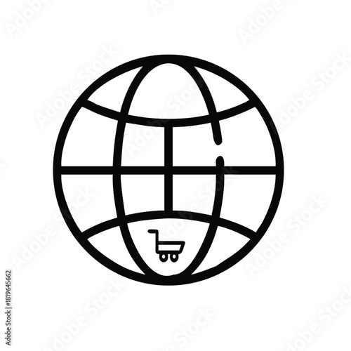 Global Marketplace Icon with Globe Outline and Small Shopping Cart Vector