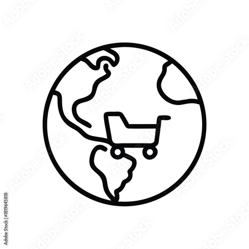 Global Marketplace Icon Globe Outline with Small Shopping Cart in Line Style