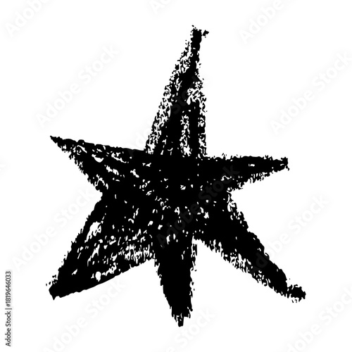 Black irregular star symbol with grunge brush texture. Rough sketch vector illustration isolated on transparent background. Ideal for artistic, abstract and punk style designs