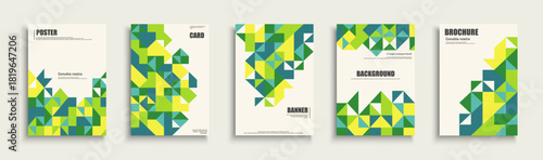 Collection of bright color green posters with abstract geometric shapes. Vector modern placards, brochures, banners, backgrounds, cards. Business corporate unusual covers. Decorative mosaic print