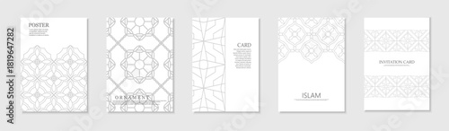 Collection of ornamental decorative geometric posters, templates, placards, brochures, banners, backgrounds. White and gray ornate elegant cards. Monochrome print. Tradition invitation covers