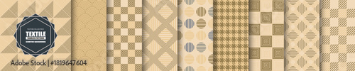 Collection of seamless decorative fabric patterns - geometric ornamental. Repeatable beige and brown elegant backgrounds. Striped cloth textures. Symmetry endless textile prints