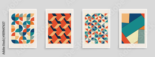 Collection of bright color abstract posters with geometric shapes. Modern art covers, backgrounds, placards, brochures, banners, flyers, presentation template. Retro style - hipster funky prints