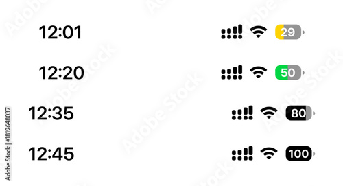 Charging phone battery status bar vector showing battery level, charging icon, modern minimal interface for iOS, Android, app mockups, and mobile design projects.