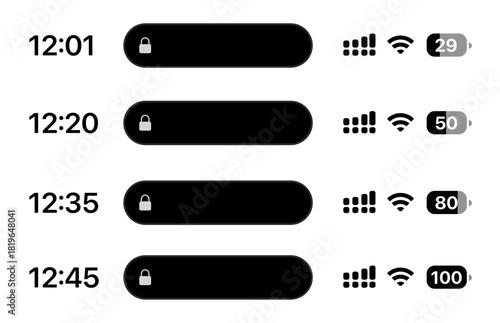 Charging phone battery status bar vector showing battery level, charging icon, modern minimal interface for iOS, Android, app mockups, and mobile design projects.