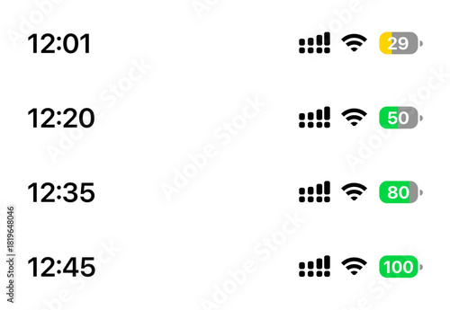 Charging phone battery status bar vector showing battery level, charging icon, modern minimal interface for iOS, Android, app mockups, and mobile design projects.