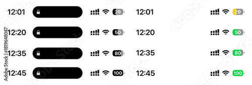 Charging phone battery status bar vector showing battery level, charging icon, modern minimal interface for iOS, Android, app mockups, and mobile design projects.