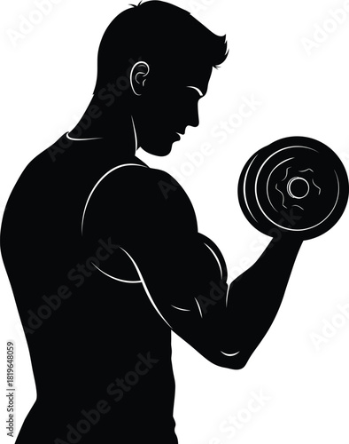 Muscular man exercising with a dumbbell doing a bicep curl, black silhouette vector illustration of fitness, bodybuilding, and strength.