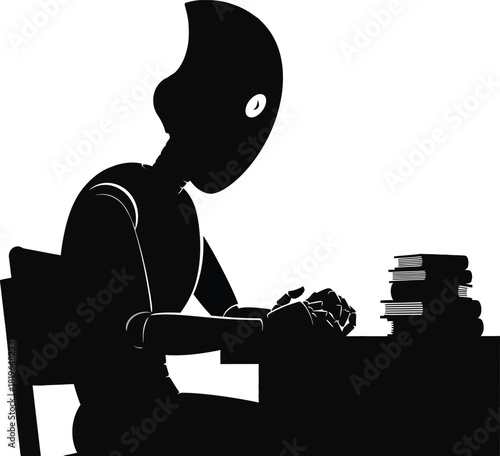 Robot or artificial intelligence figure sitting at a desk and studying or working, black silhouette vector illustration of digital learning and education.