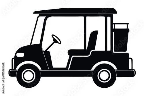 Black simple golf cart silhouette displays a steering wheel, seat, and wheels on white