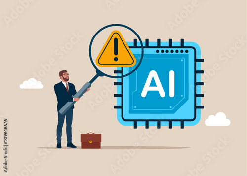 Businessman looking through magnifying glass on artificial Intelligence chip and investigate incident with exclamation attention sign. Identify risk Ai or critical failure concept. Vector illustration