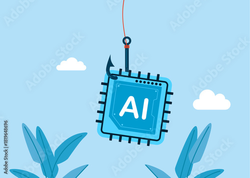 Artificial intelligence chip attached to large hook. Online scam and steal Information Hacking. Technology of ideas and global or use Ai for data analysis. Flat vector illustration 