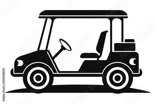 Simple black silhouette shows a golf cart with seats and steering wheel clearly visible
