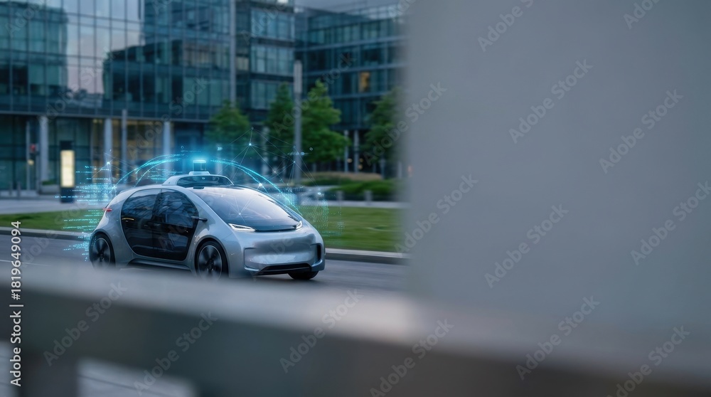 Fototapeta premium Autonomous taxi driving through city with iot connectivity. Driverless vehicle operating with digital overlay for smart transportation. Future technology.