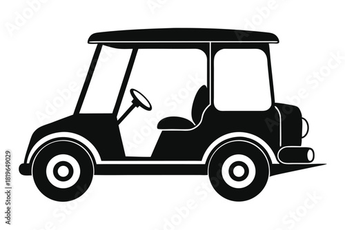 A simplified black silhouette displays an isolated golf cart with a roof and tires